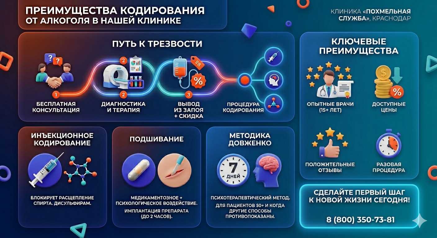 Инфографика о методах кодирования от алкоголя в Топчихе: инъекции, подшивание, метод Довженко. Преимущества клиники и этапы лечения.